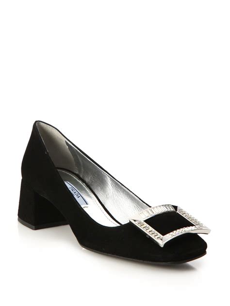 suede crystal appliqué pumps prada